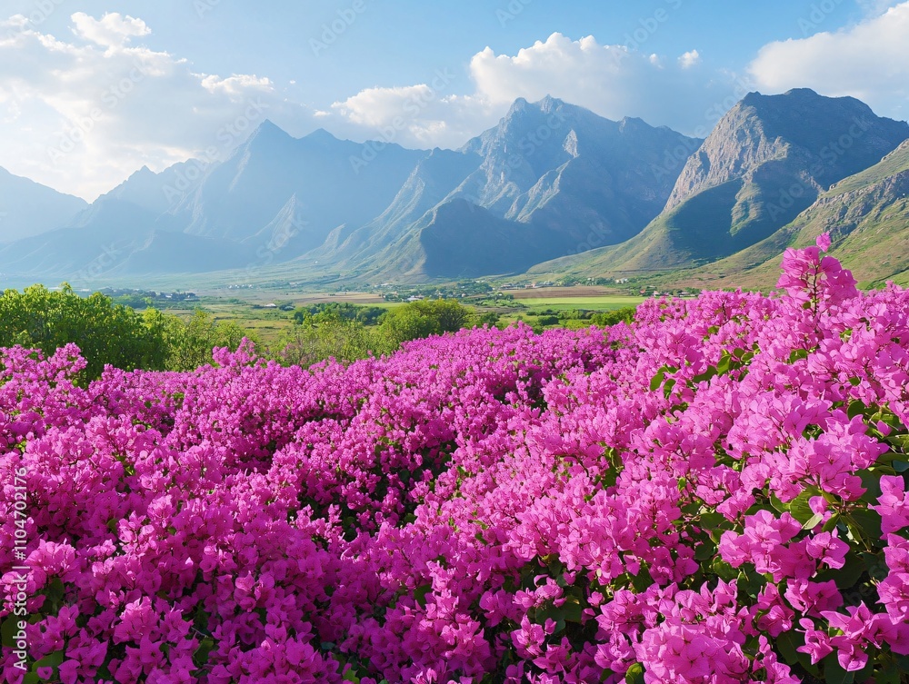 Vibrant Bougainvillea Field with Majestic Mountain Landscape, Captivating Nature Photography Vibrant Bougainvillea Field with Majestic Mountain Landscape, Captivating Nature Photography