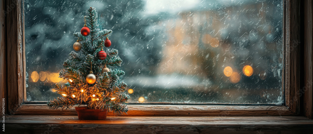 Christmas theme, small Christmas tree with lights and ornaments by snowy window Christmas theme, small Christmas tree with lights and ornaments by snowy window
