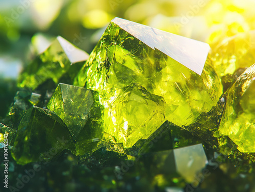 Close-up of a peridot crystal with light passing through.
