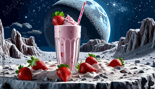 Strawberry milkshake on a lunar landscape with a giant moon and scattered strawberries