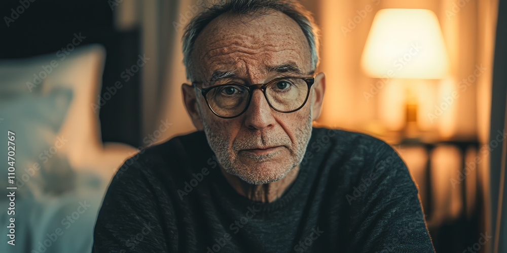 A senior man with glasses sits in the hotel room, generative AI A senior man with glasses sits in the hotel room, generative AI