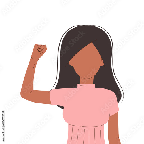 International Womens Day 8 march. Campaign 2025 AccelerateAction. Brunette woman showing strength in her hand. Faceless female avatar. Flat vector illustration on white background