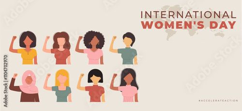 International Womens Day 8 march banner. Campaign 2025 AccelerateAction. Women in different ethnicity, age, hair color and more showing strength in their hand. Flat horizontal vector illustration photo