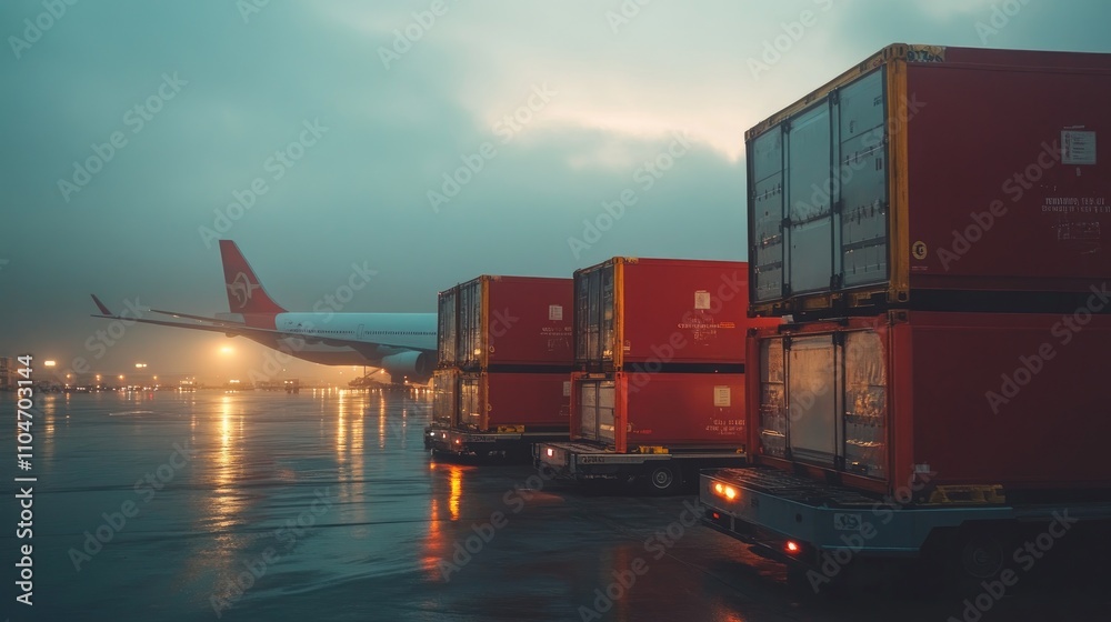Red cargo containers stacked on trailers at an airport with a plane in the background under an overcast sky. Red cargo containers stacked on trailers at an airport with a plane in the background under an overcast sky.