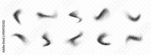 Black powder splashes collection. Grunge grain spray texture set. Dotted curved smudged brush stains pack. Sand noise splattered overlay bundle. Abstract stipple fluid grain gradient shapes. Vector