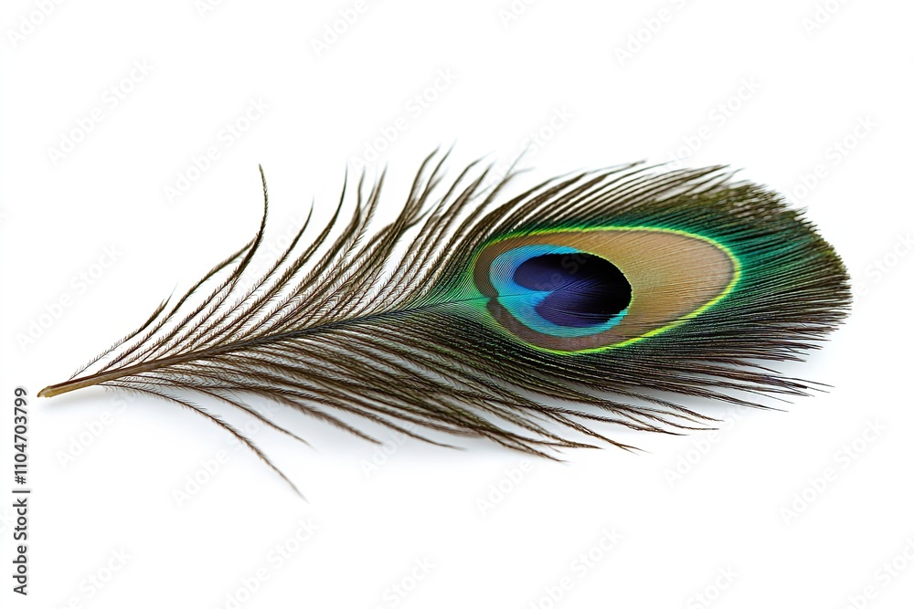 Fototapeta premium Excellent quality peacock feather isolated on a white backdrop. Generative Ai