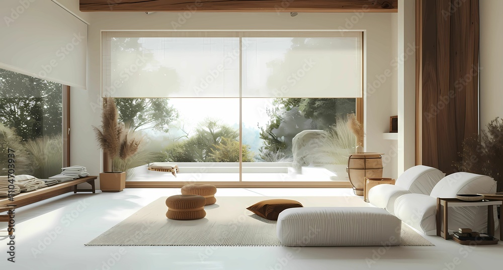 Fototapeta premium wooden living room and white flooring with a big window overlooking the outdoors