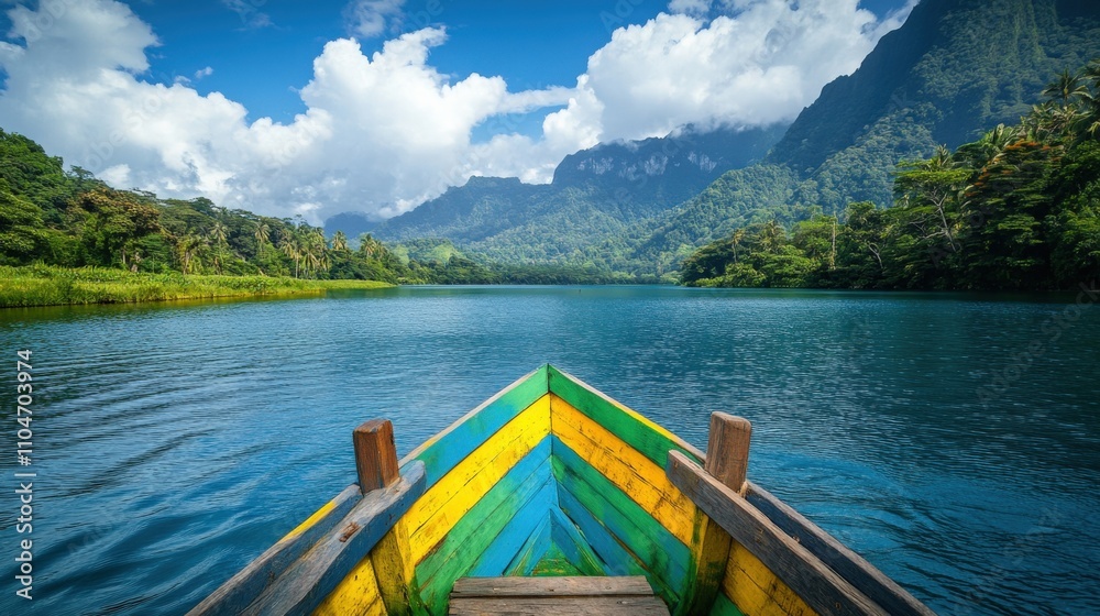 Obraz premium colorful boat on tranquil lake surrounded by lush mountains and blue sky