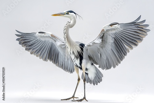 Excellent quality heron bundle picture standing and flying alone on a white backdrop. Generative Ai