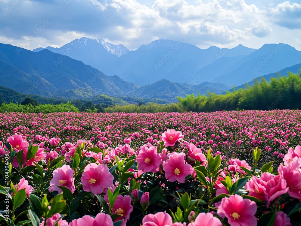 Blooming Pink Flower Field, Scenic Mountain View, Spring Sky and Beautiful Spring Atmosphere Blooming Pink Flower Field, Scenic Mountain View, Spring Sky and Beautiful Spring Atmosphere