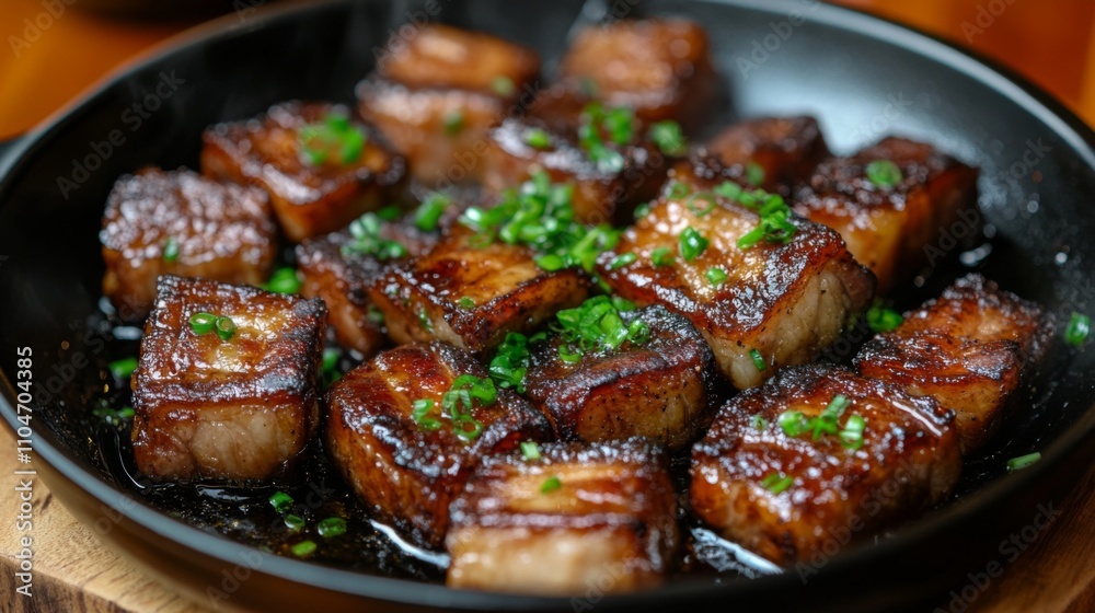Deliciously Seared Pork Belly with Green Onions on Elegant Plate Deliciously Seared Pork Belly with Green Onions on Elegant Plate