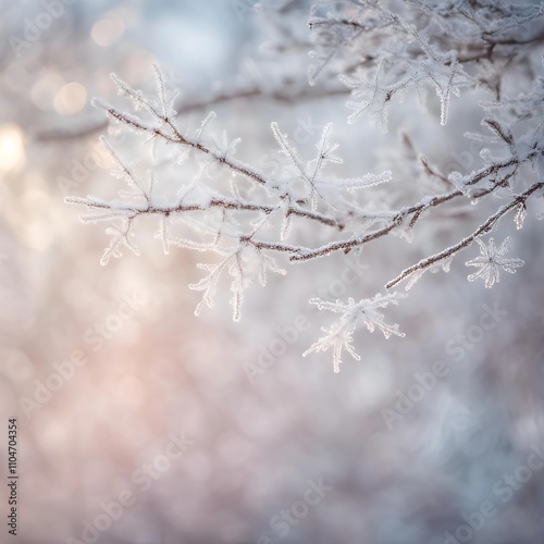 Frozen branches dusted with snow, a winter wonderland captured in a close-up shot