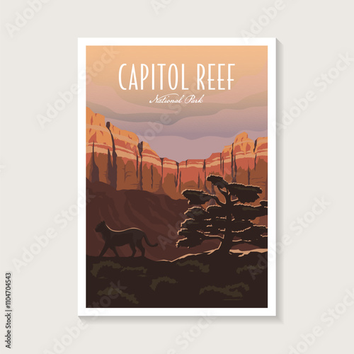 Capitol Reef National Park poster illustration, Mountain lion canyon scenery poster design