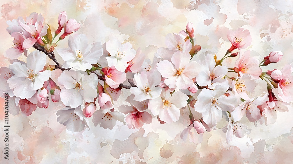 Watercolor Cherry Blossom Branch Spring Flowers Pink White Floral Art Watercolor Cherry Blossom Branch Spring Flowers Pink White Floral Art
