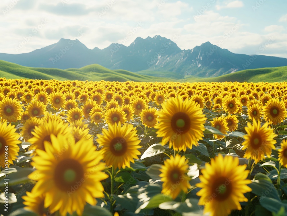 Obraz premium Sunflower Field in Full Bloom, Majestic Mountain Backdrop, Clear Spring Sky
