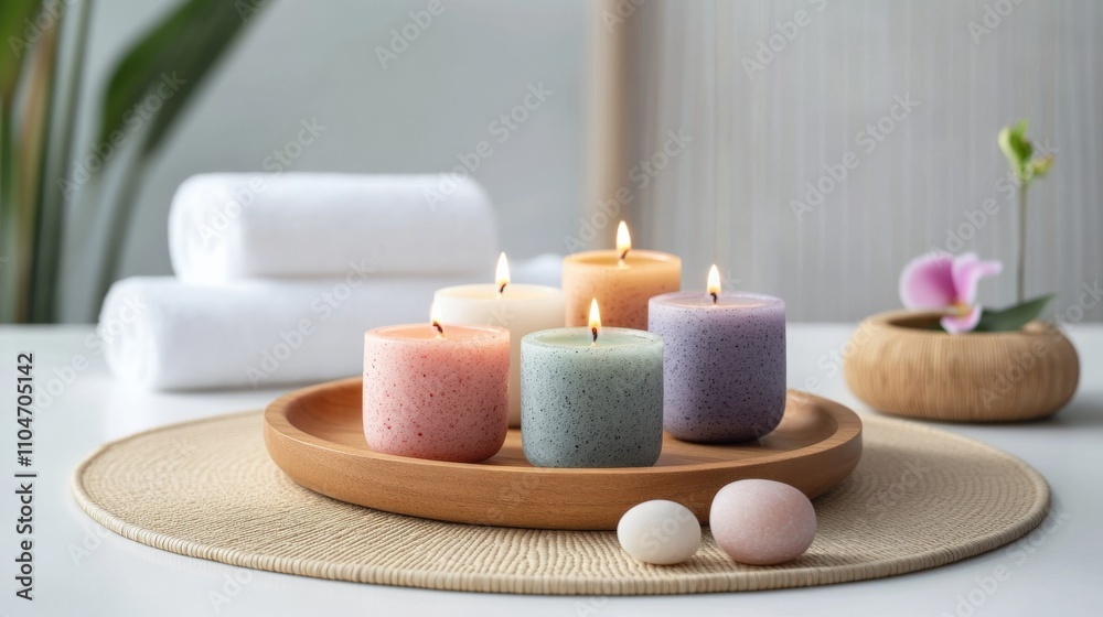 relaxing spa setting with scented candles and soft towels relaxing spa setting with scented candles and soft towels