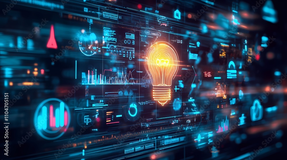 Abstract digital illustration featuring a glowing light bulb amid dynamic data visualizations and futuristic technology elements representing innovation and creativity Abstract digital illustration featuring a glowing light bulb amid dynamic data visualizations and futuristic technology elements representing innovation and creativity