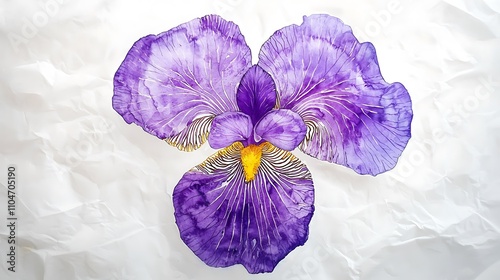 Watercolor Iris Flower Painting on White Creased Paper