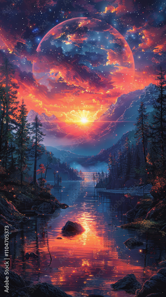  Cosmic Sunset Over Serene Lake