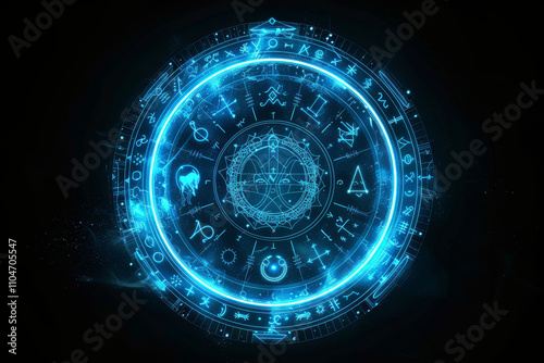  Mystical Blue Astrological Circle with Symbols and Glyphs