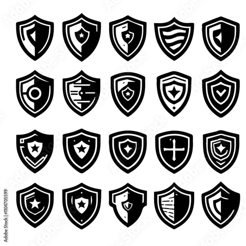 Shield icon set. Security shields logotypes. Badge quality symbol, sign, logo or emblem. Collection of shield icon vector template isolated. Black and white shield silhouette. Vector  illustration