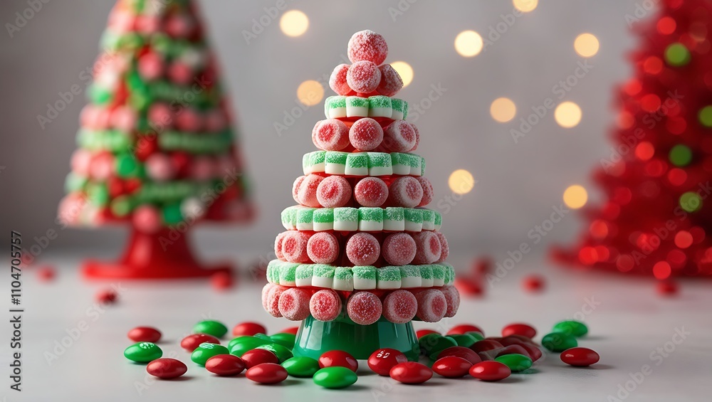 Candy Christmas Tree copyspace background. A tree formed by arranging candy. Playful and festive, blur and frosted background. Candy Christmas Tree copyspace background. A tree formed by arranging candy. Playful and festive, blur and frosted background.