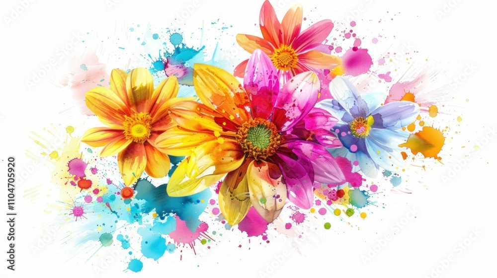 Obraz premium Bright and colorful bouquet of flowers with vibrant petals surrounded by splashes of watercolor paint, creating a lively and cheerful atmosphere.