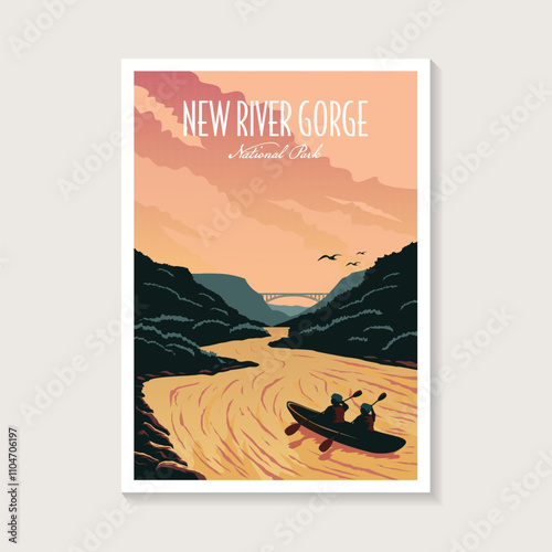 New River Gorge National Park poster illustration, river kayak scenery poster design
