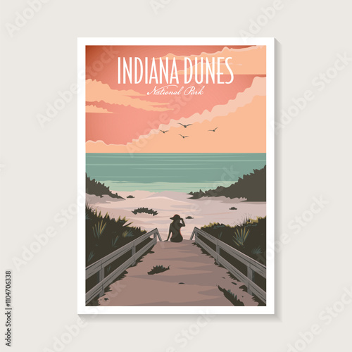 Indiana Dunes National Park poster illustration, beautiful lake beach scenery poster design