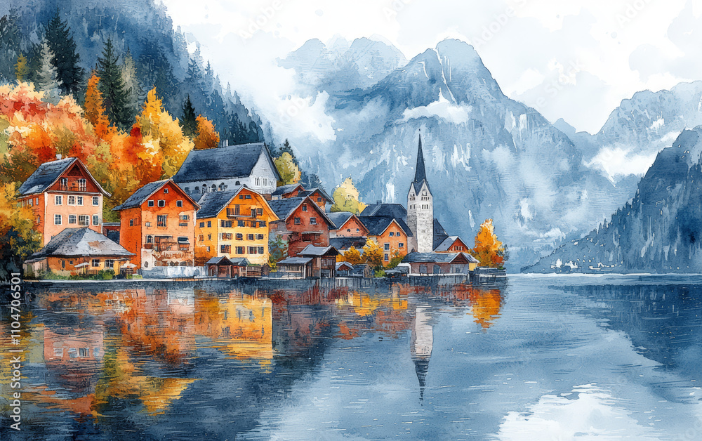 Fototapeta premium Artistic illustration of natural scenery in ancient European towns