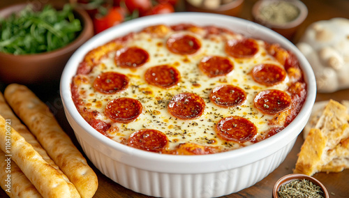 Pepperoni Pizza Dip with Melty Cheese and Breadsticks