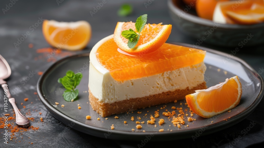 Freshly presented tangerine cheesecake for immediate enjoyment Freshly presented tangerine cheesecake for immediate enjoyment