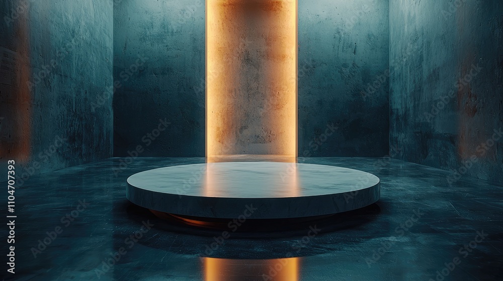Circular Platform in a Minimalist Concrete Room with Glowing Light Slits