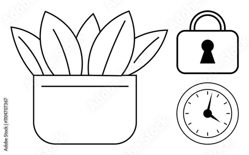 Potted plant with large leaves next to a lock and clock. Ideal for time management, security, nature themes, organization, minimalism, lifestyle, and mindfulness. Line metaphor