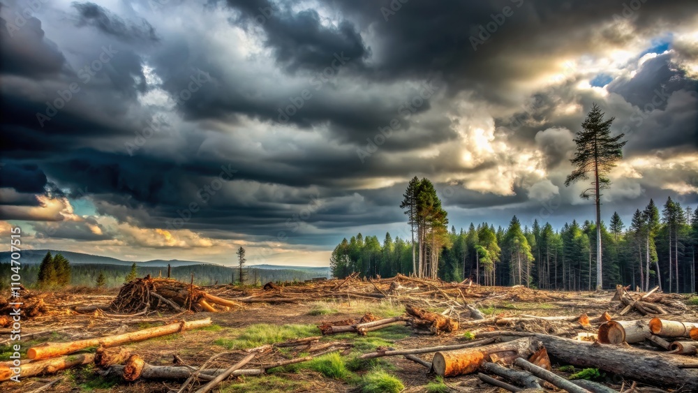 A landscape of felled trees and debris under dark clouds, environmental disaster, deforestation, destruction A landscape of felled trees and debris under dark clouds, environmental disaster, deforestation, destruction