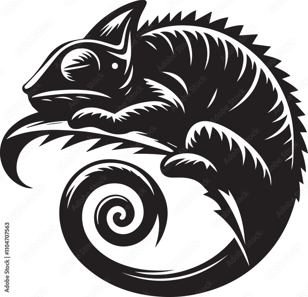 Obraz premium A sleepy chameleon curled up on a leaf silhouette vector