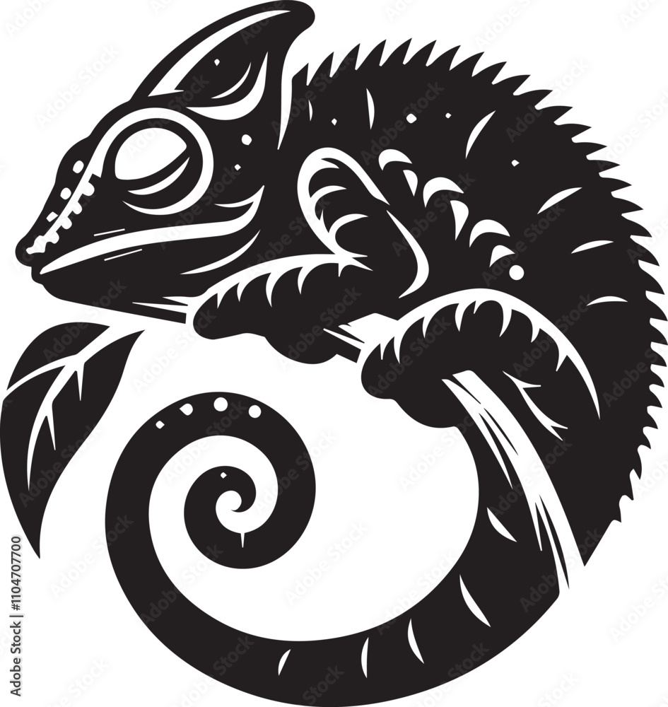 Naklejka premium A sleepy chameleon curled up on a leaf silhouette vector