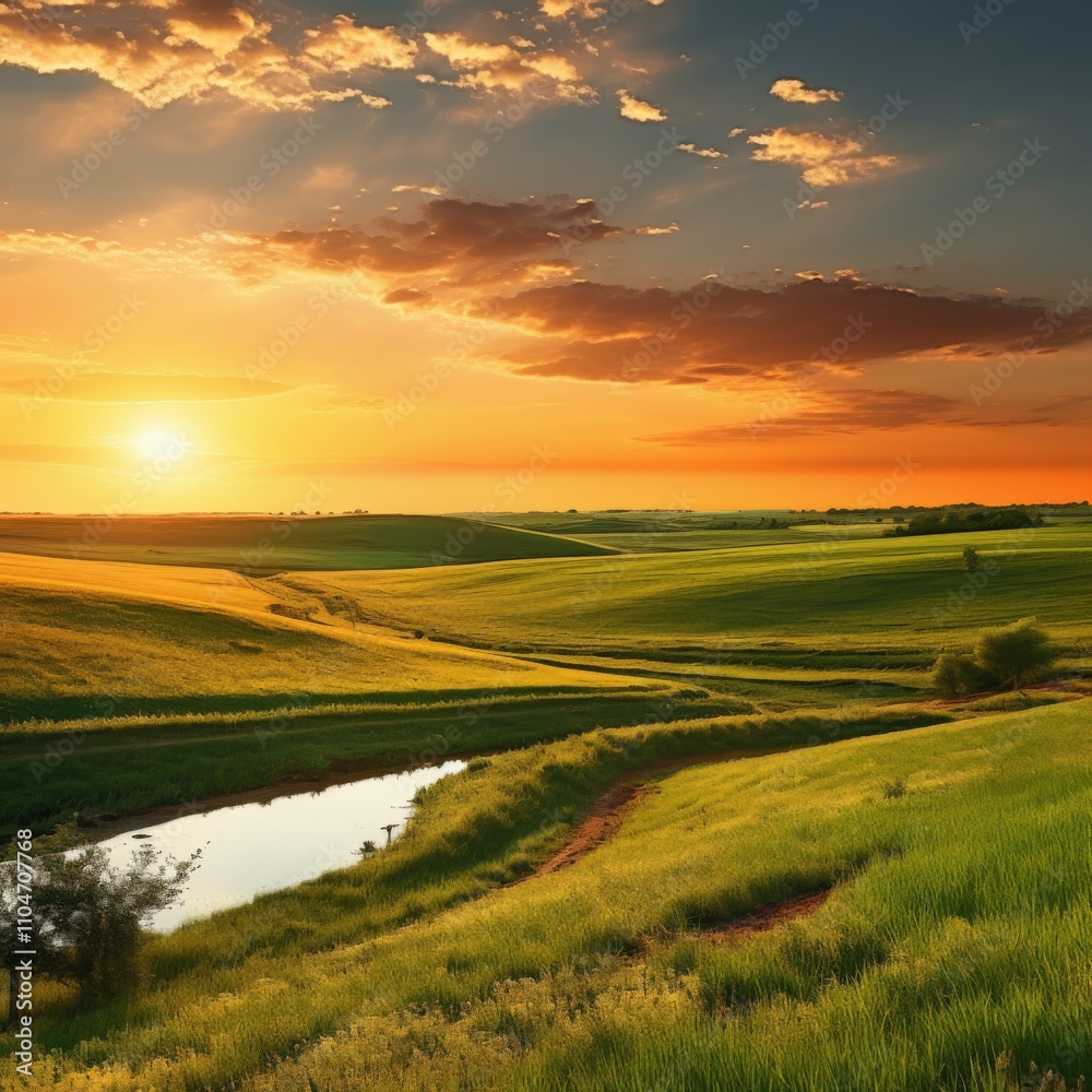 Fototapeta premium scenic landscape at sunset with rolling hills and vibrant sky