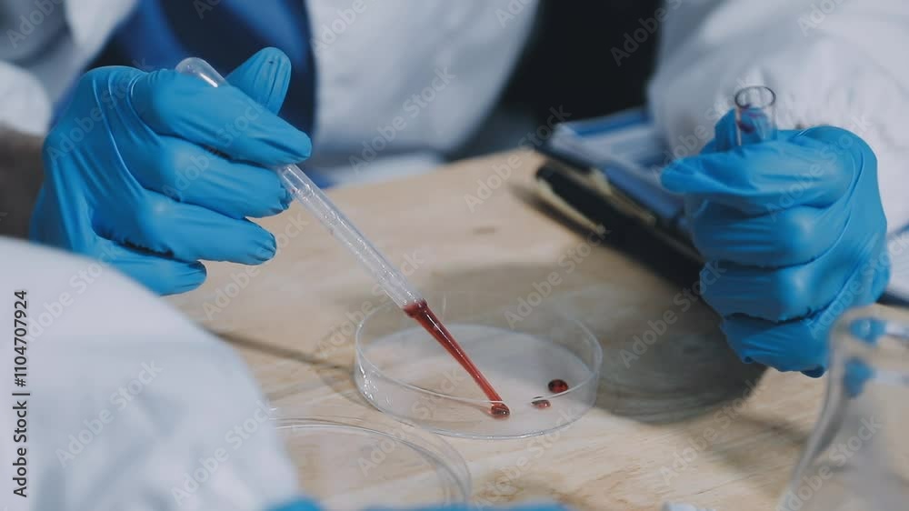 Medical development research laboratory, chemist or science scientist student hand in glove, drop water into pipette for test analysis liquid sample in clinic lab. Microbiology, analysing for medicine Medical development research laboratory, chemist or science scientist student hand in glove, drop water into pipette for test analysis liquid sample in clinic lab. Microbiology, analysing for medicine