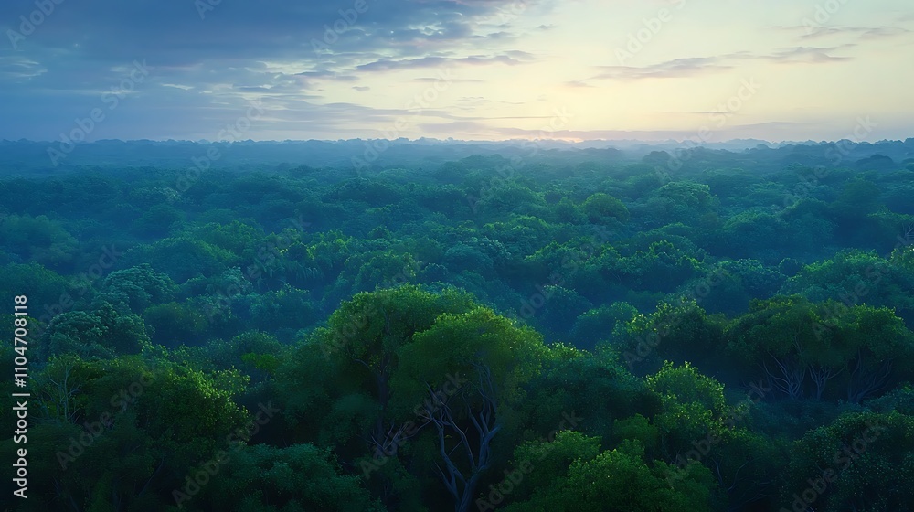 Fototapeta premium Aerial View Sunrise Forest Canopy Lush Green Trees