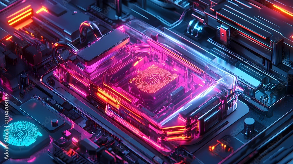 Futuristic Digital Circuit Board with Neon Lights and Microchip Design, Highlighting Advanced Technology and Cybersecurity Elements in a Modern Setting