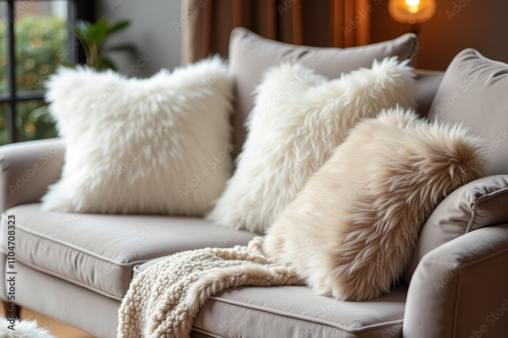 Cozy living room with fluffy white cushions and soft throw blanket on a sofa Cozy living room with fluffy white cushions and soft throw blanket on a sofa