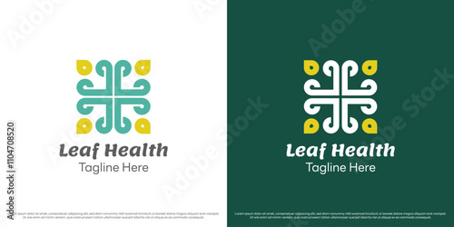 Pharmacy natural health illustration. Silhouette of a cross plus sign abstract healthcare green natural science biology evergreen tree leaf eco care support. Geometric minimal simple icon symbol.