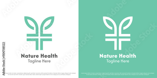 Natural health leaf logo design illustration. Silhouette plus mark healthcare charity tree science green hospital clinic medic care business company. Abstract geometric minimal simple symbol.