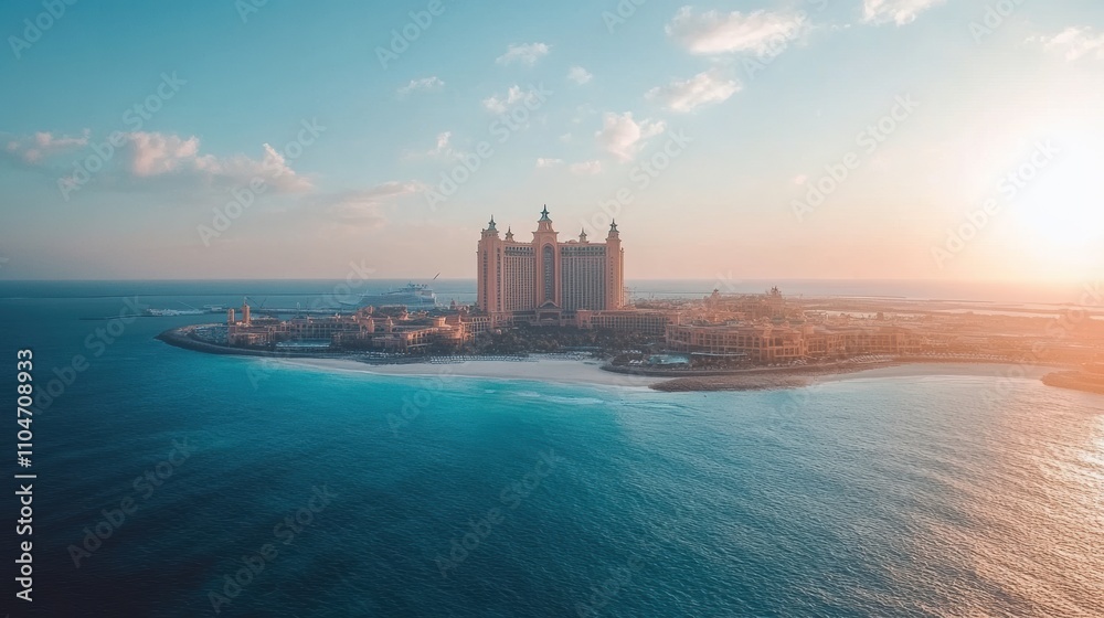 Naklejka premium Stunning sunset aerial view of a luxurious resort on a private island, with clear turquoise water and a pristine beach.