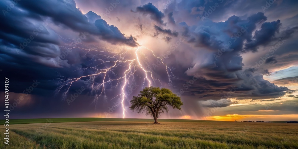 A dramatic lightning storm illuminating the sky above a lone tree in a field, lightning, storm, tree, field A dramatic lightning storm illuminating the sky above a lone tree in a field, lightning, storm, tree, field