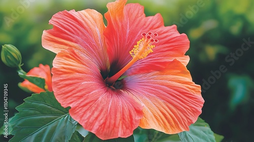 Vibrant Coral Hibiscus Flower Close up