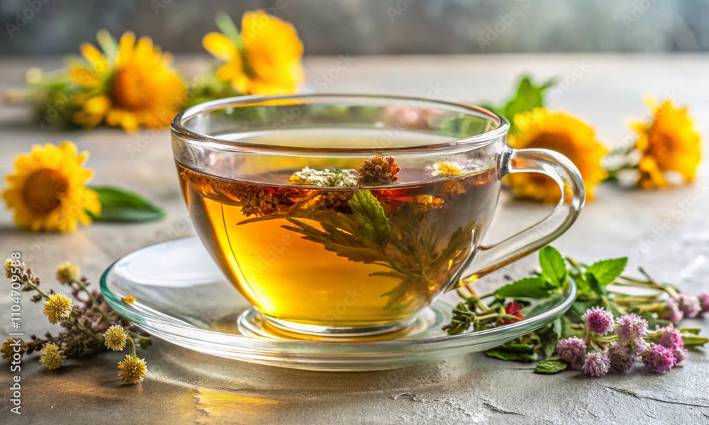 Herbal hot tea in a transparent cup on a background of yellow flowers Herbal hot tea in a transparent cup on a background of yellow flowers
