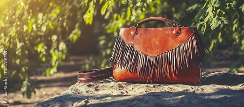 A vivid and detailed shot of a leather fringe handbag resting on a stone surface, bathed in sunlight from tree canopies, ultra-HD quality with high contrast and realism