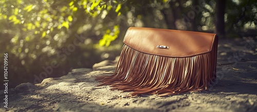 A vivid and detailed shot of a leather fringe handbag resting on a stone surface, bathed in sunlight from tree canopies, ultra-HD quality with high contrast and realism photo